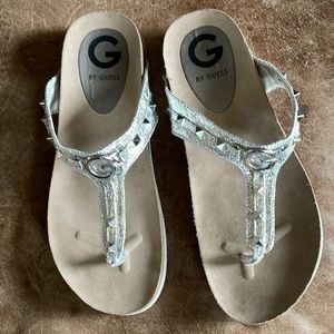 G By Guess Women's Silver Studded Slide On Sandals. Unique & Excellent Condition